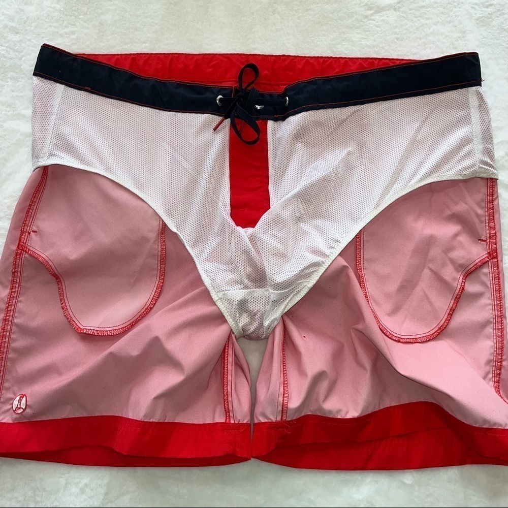 Lands’ End Men’s Nylon Swin Trunks Sz 42 Red Fully Lined Drawstring 3 Pockets - Picture 8 of 11